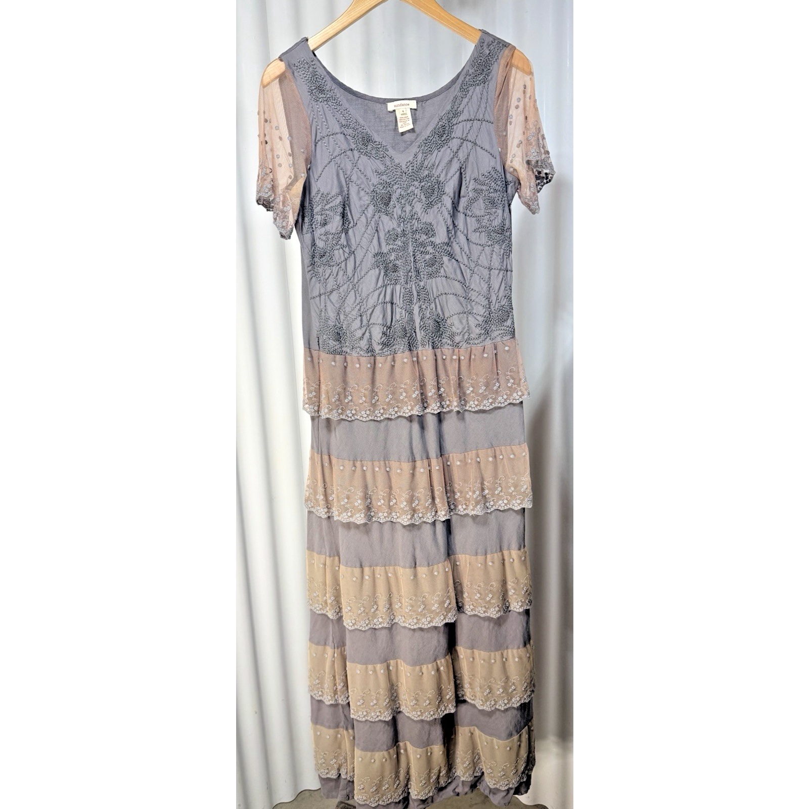 Sundance Sz 4 Gray Linen Cotton Bohemian Embroidered Mesh Tiered Maxi Dress